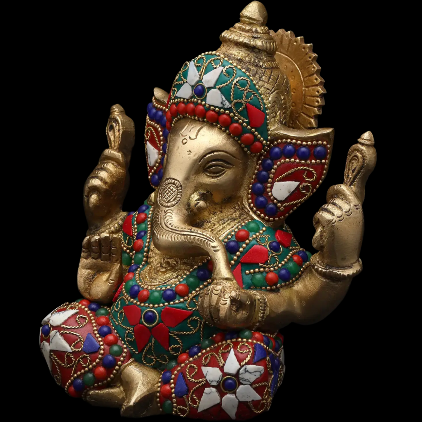 Brassaura™ Brass Ganesha Statue with Inlay Work | Height 6 Inches & Weight 1.63 kgs