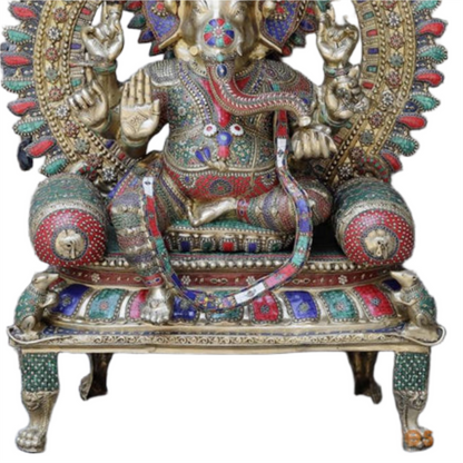 Handcrafted brass statue  Raja Ganapati, seated on a throne with umbrella 66 Inches