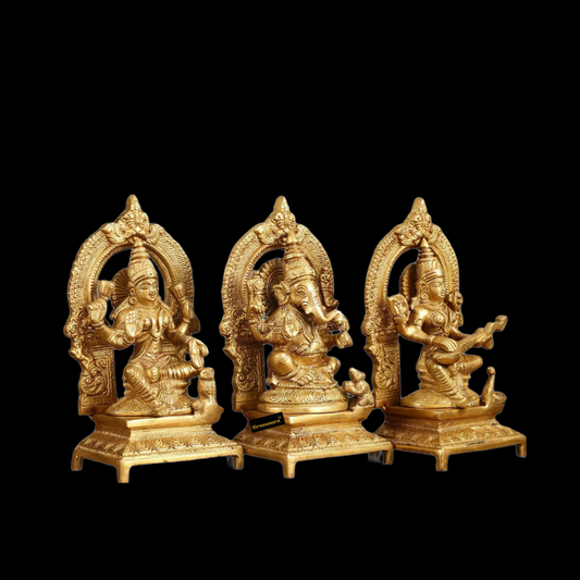 Brassaura® Brass Antique Laxmi Ganesha Saraswati Murti – Height 7 Inches | Home & Temple Idol