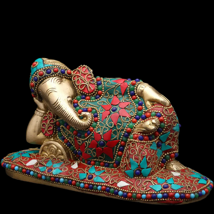 Brassaura™ Brass Ganesha Statue with Inlay Work | Height 4 Inches & Weight 1.64 kgs