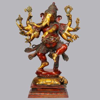 Brassaura® Dancing Multi-Armed Ganesha on Ornate Pedestal | Brass Sculpture | Height 26 Inches & Weight 22.83 kgs