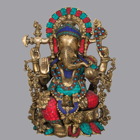 Brassaura® Bhagawan Ganapati Inlay Statue in Brass | Height 15 Inches | Weight 13.30 kgs