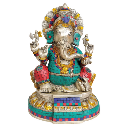 Brassaura™ Seated Ganesha with Meenakari Inlay on Ornate Base | Brass Sculpture | Height 13 Inches & Weight 7.40 kgs