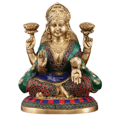 Brass Gem Stone Work Laxmi Mata for Home and Decor Height 8 Inches & Weight 3.2 Kgs