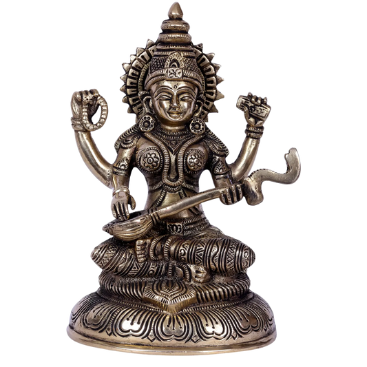Brassaura® Brass Goddess Saraswati Statue | Height 8 Inches & Weight 1.80 kg