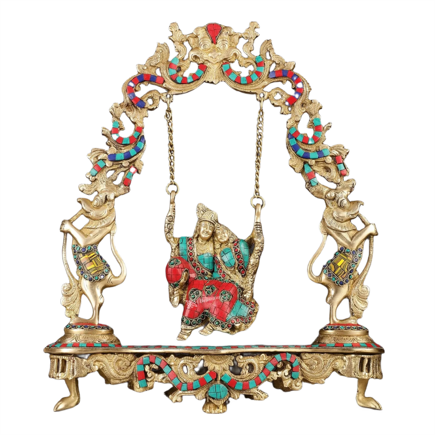 Brassaura™ Brass Radha Krishna on Swing with Natural Stones & Brass Rings – Height 18 Inches & Weight 8 Kgs | Elegant Devotional Statue