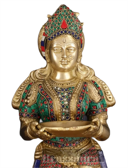Brassaura™ Brass Deep Lakshmi Pavaai Villaku with Stonework – Height 23 Inches | Available as Single (8.5 Kgs) or Pair (17 Kgs)