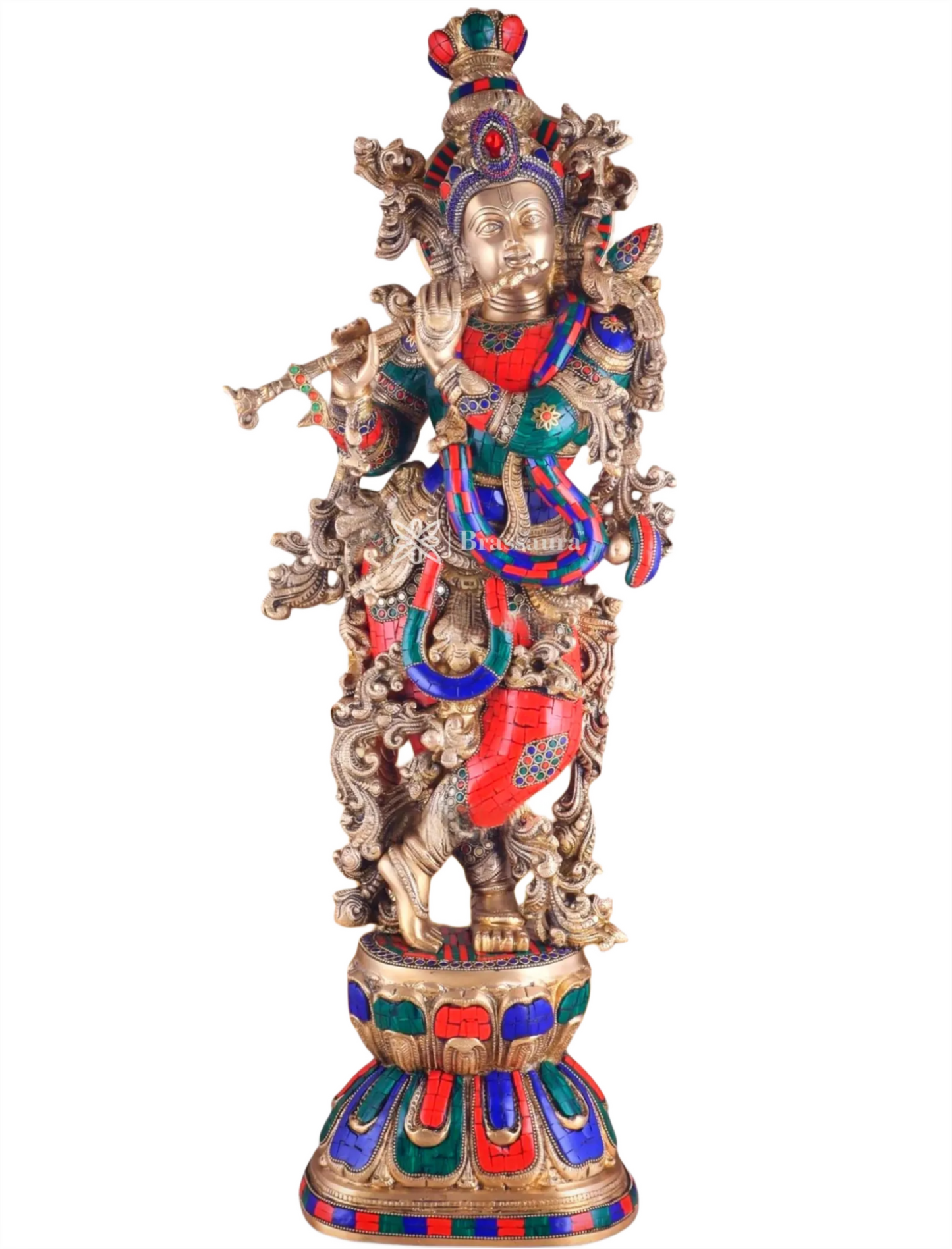 Brassaura™ Pure Brass Lord Krishna Statue with Stonework – Height 30 Inches & Weight 17.5 Kgs
