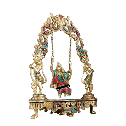 Brassaura™ Brass Radha Krishna on Swing with Natural Stones & Brass Rings – Height 18 Inches & Weight 8 Kgs | Elegant Devotional Statue