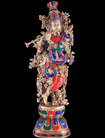 Brassaura™ Pure Brass Lord Krishna Statue with Stonework – Height 30 Inches & Weight 17.5 Kgs