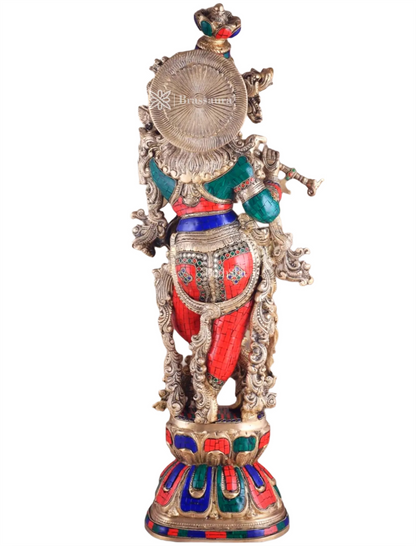 Brassaura™ Pure Brass Lord Krishna Statue with Stonework – Height 30 Inches & Weight 17.5 Kgs