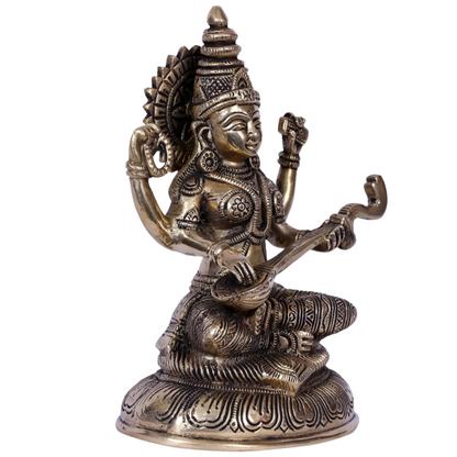 Brassaura® Brass Goddess Saraswati Statue | Height 8 Inches & Weight 1.80 kg