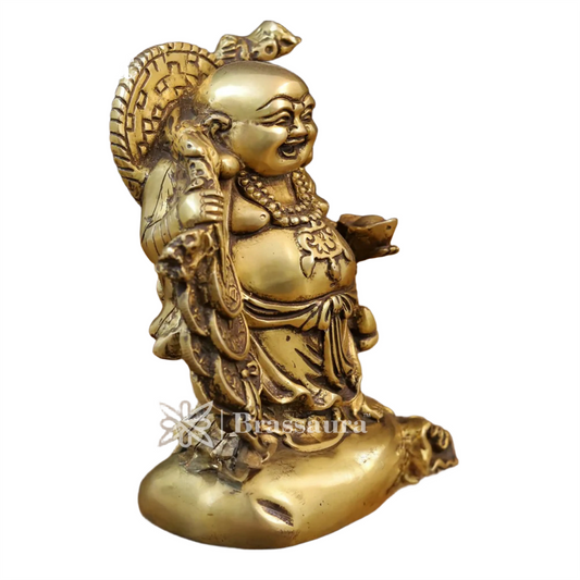 Brassaura® Laughing Buddha Standing Idol with Fine Golden Finish | Pure Superfine Brass Handcrafted Murti | Brass Statue for Home Temple, Pooja Room | Height 8.5 Inches | Weight 3.12 Kgs