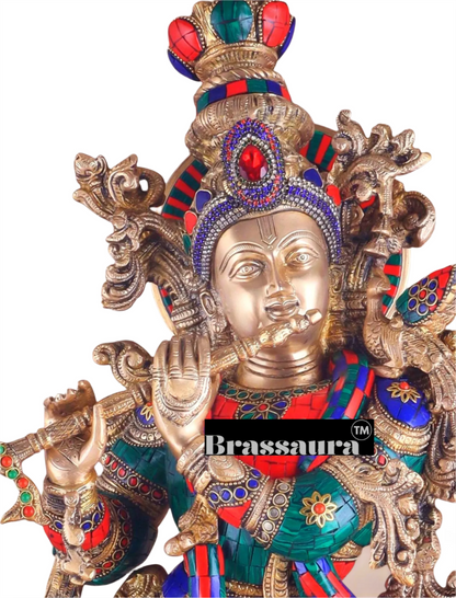 Brassaura™ Pure Brass Lord Krishna Statue with Stonework – Height 30 Inches & Weight 17.5 Kgs