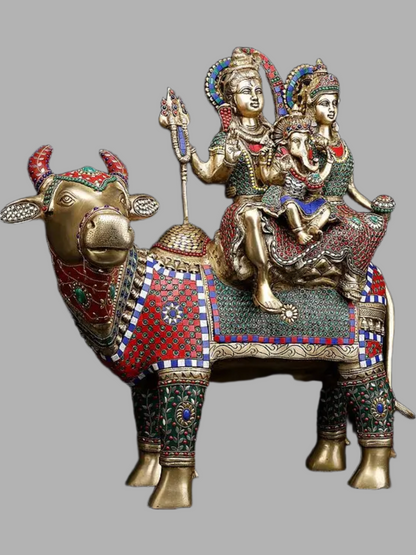 Brassaura® Brass Shiva Family on Nandi Statue with Inlay Work | Height 26 Inches & Weight 33.60 kg
