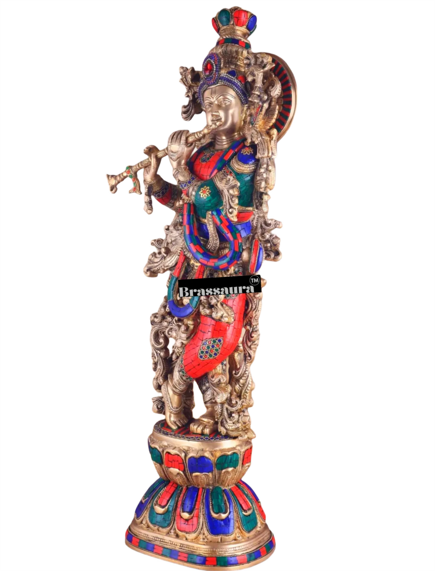 Brassaura™ Pure Brass Lord Krishna Statue with Stonework – Height 30 Inches & Weight 17.5 Kgs