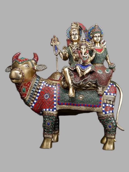 Brassaura® Brass Shiva Family on Nandi Statue with Inlay Work | Height 26 Inches & Weight 33.60 kg