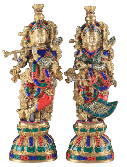 Brassaura™ Pure Brass Radha Krishna Statue with Rings & Natural Stones – Height 21 Inches & Weight 18 Kgs | Devotional Idol