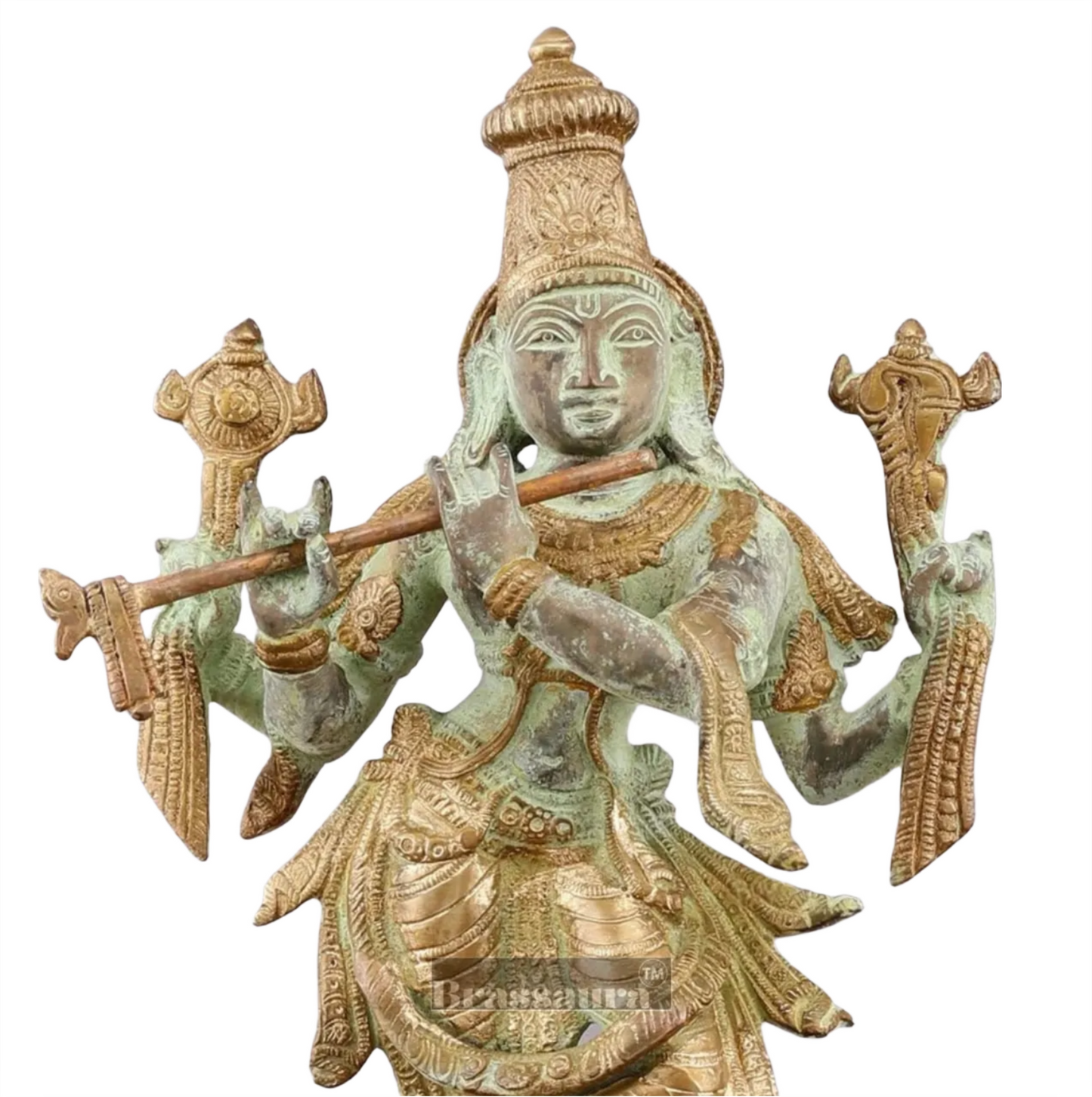 BrassAura™ Brass Krishna Roopam Vishnu Sculpture – Sand Blast Finish | Height 12 Inch | Weight 3.9 Kg