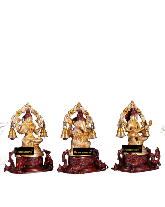 Brassaura® Brass Antique Laxmi Ganesha Saraswati Idol – Height 8.2 Inches | Puja & Home Décor