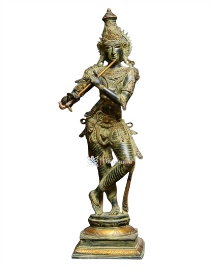 BrassAura™ Brass Krishna Statue – Green Algae Finish | Height 35 Inch | Weight 19 Kg