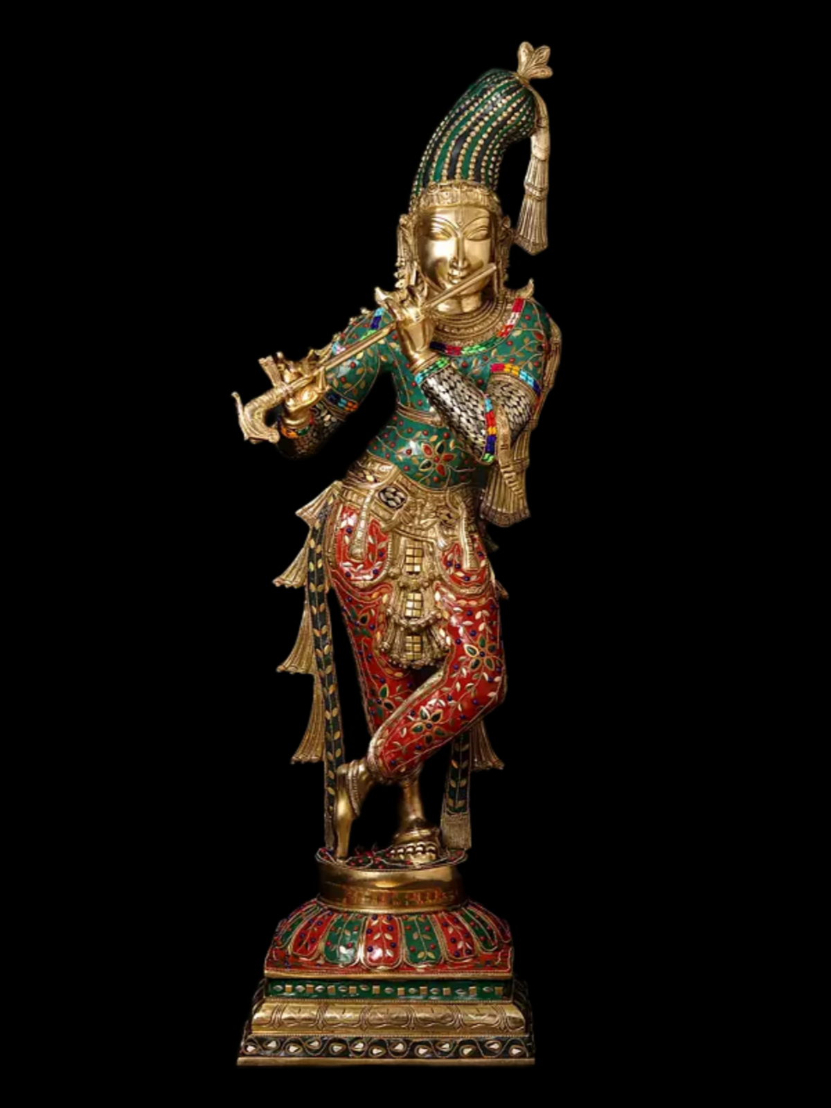 Brassaura® Brass Krishna Statue with Inlay Work | Height 91.5 cm & Weight 23.50 kg
