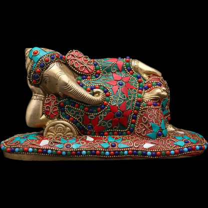 Brassaura™ Brass Ganesha Statue with Inlay Work | Height 4 Inches & Weight 1.64 kgs