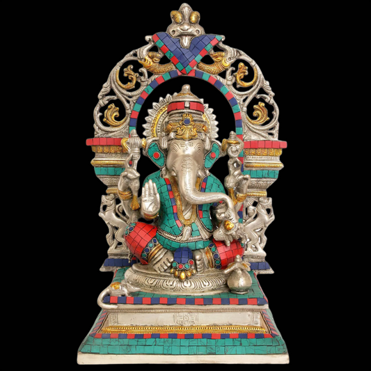 Brassaura™ Seated Ganesha with Ornate Arch | Brass with Meenakari Stonework | Height 15.5 Inches & Weight 9.06 kgs