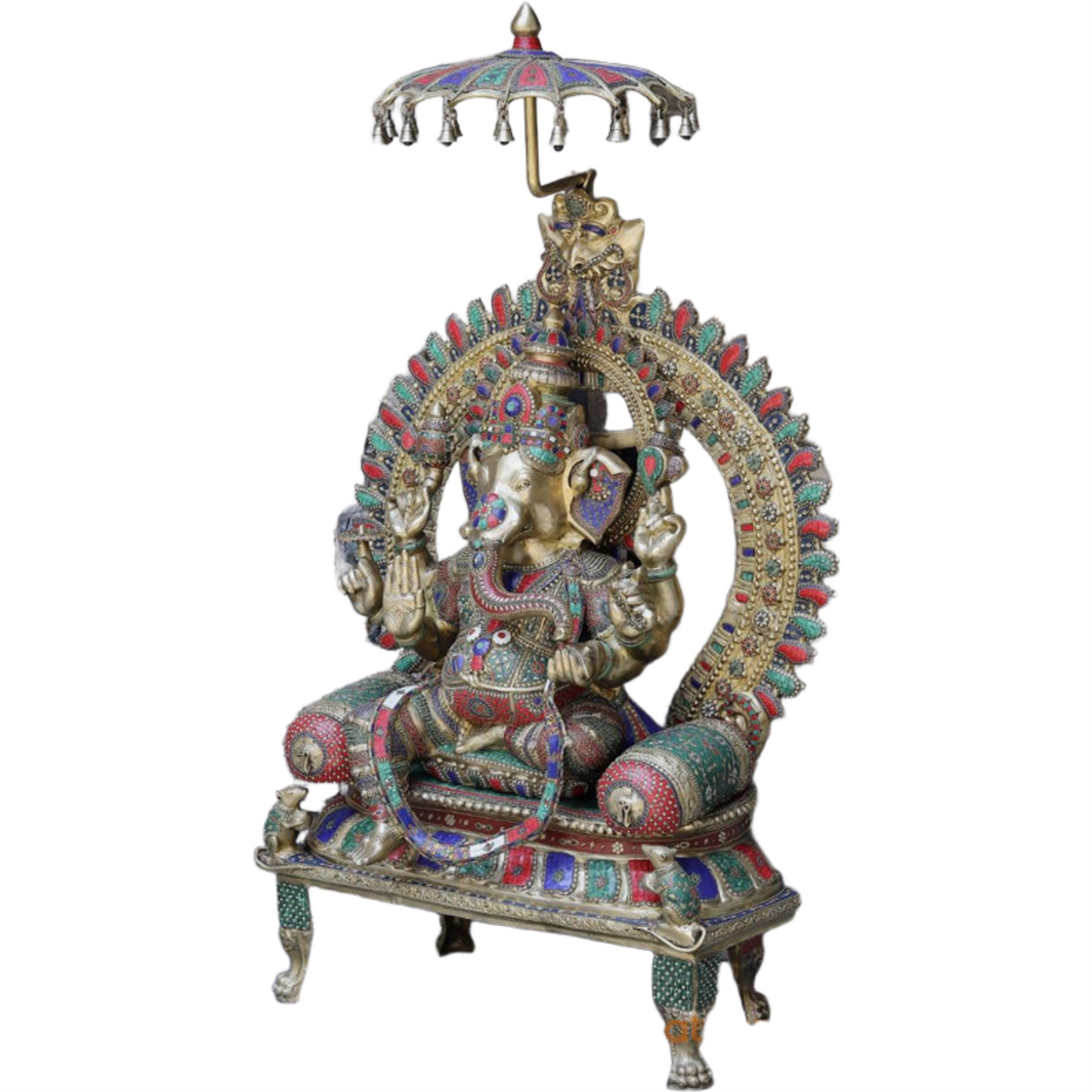 Handcrafted brass statue  Raja Ganapati, seated on a throne with umbrella 66 Inches