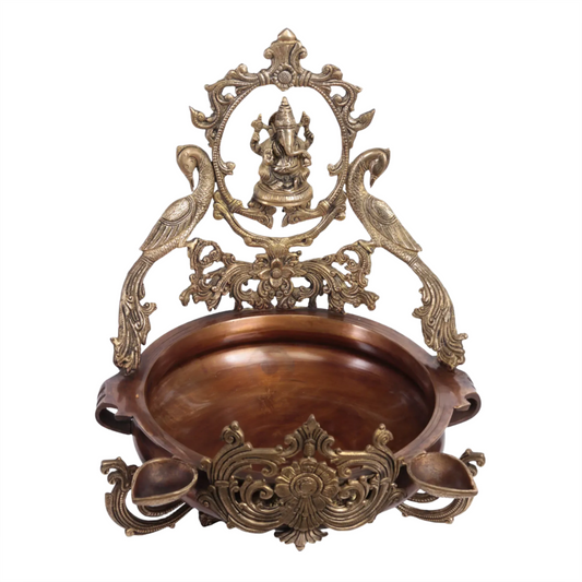 Brassaura™ Brass Ganesha Urli with Peacock Lamps | Height 19.5 Inches & Weight 12.27 kgs