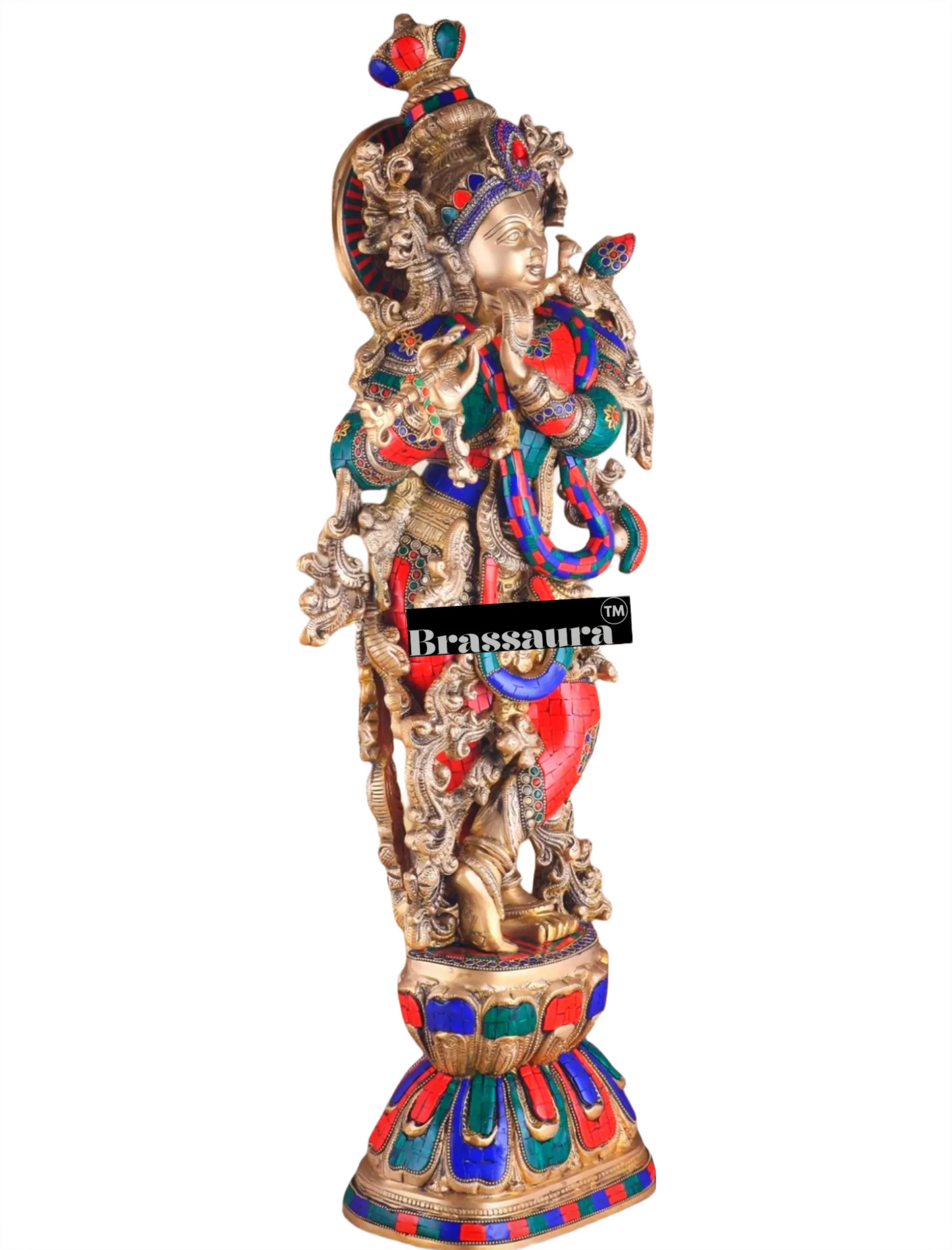 Brassaura™ Pure Brass Lord Krishna Statue with Stonework – Height 30 Inches & Weight 17.5 Kgs
