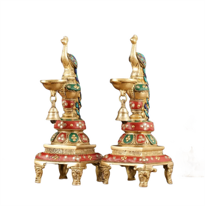 Brassaura™ Pair of Brass Peacock Diyas with Meenakari – Height 11 Inches | Traditional Brass Lamps, 4.63 Kgs