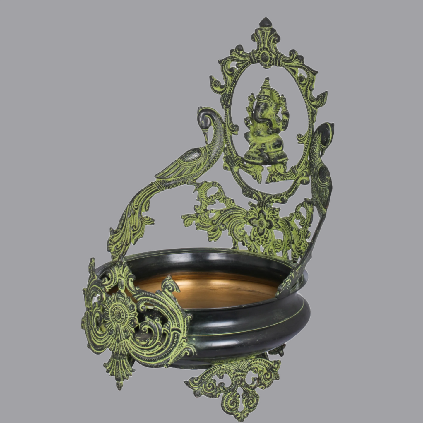 Brassaura® Ganesha Urli with Twin Peacocks in Brass | Height 20 Inches | Weight 8.90 kgs