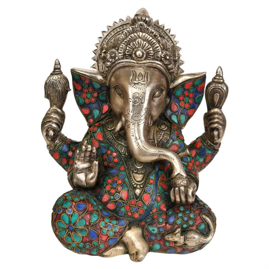 Brassaura™ Blessing Lord Ganesha | Brass with Intricate Stone Inlay | Height 9 Inches & Weight 5.50 kgs