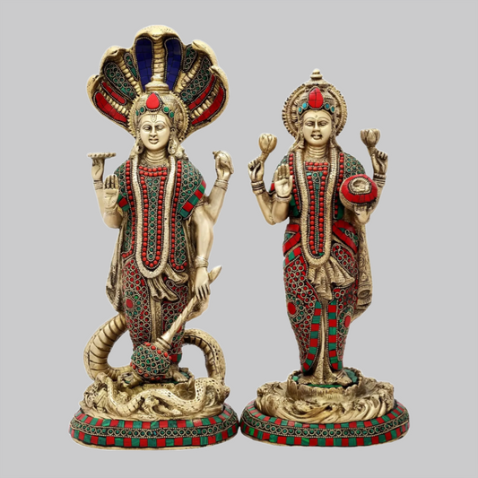 Brassaura® Brass Vishnu Lakshmi Statue with Inlay Work | Height 17.91 Inches & Weight 14.40 kg