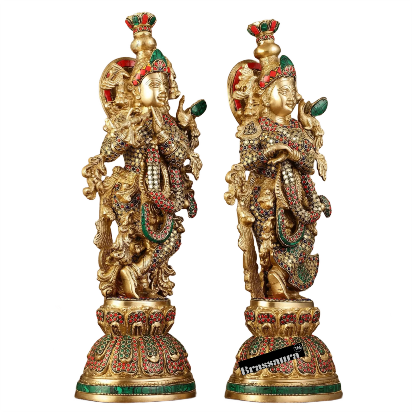 Brassaura™ Pure Brass Radha Krishna Statue with Brass Rings & Natural Stones – Height 21 Inches & Weight 18 Kgs | Elegant Devotional Idol