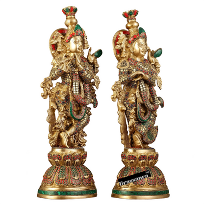 Brassaura™ Pure Brass Radha Krishna Statue with Brass Rings & Natural Stones – Height 21 Inches & Weight 18 Kgs | Elegant Devotional Idol
