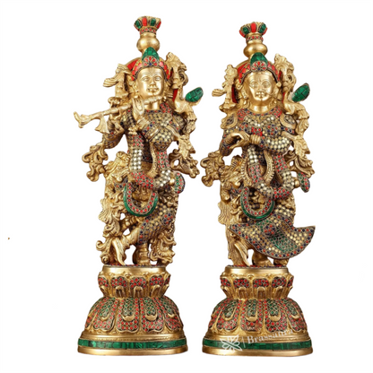 Brassaura™ Pure Brass Radha Krishna Statue with Brass Rings & Natural Stones – Height 21 Inches & Weight 18 Kgs | Elegant Devotional Idol