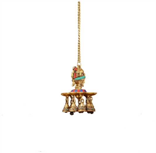 Brassaura™ Brass Hanging Peacock Diya with Stonework – Height 6 Inches | Hanging Lamp with Bells & Chain, Total Length 20 Inches , Weight 1.25kgs