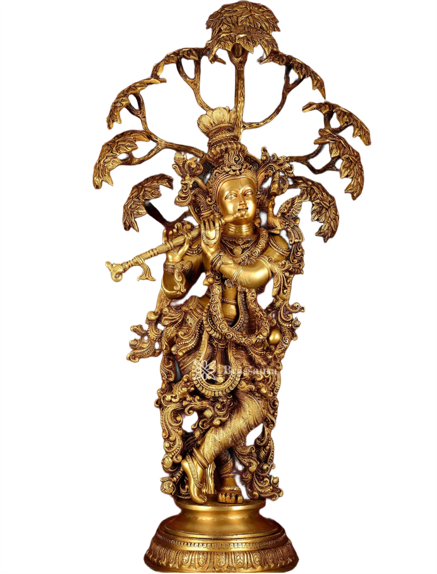 Brassaura™ Superfine Brass Krishna under Tree Sculpture – Height 35 Inches & Weight 32 Kgs