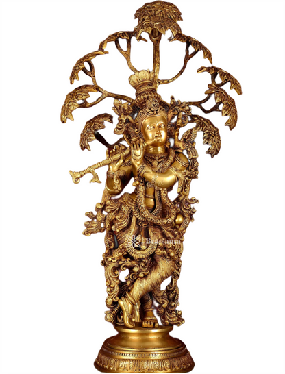Brassaura™ Superfine Brass Krishna under Tree Sculpture – Height 35 Inches & Weight 32 Kgs