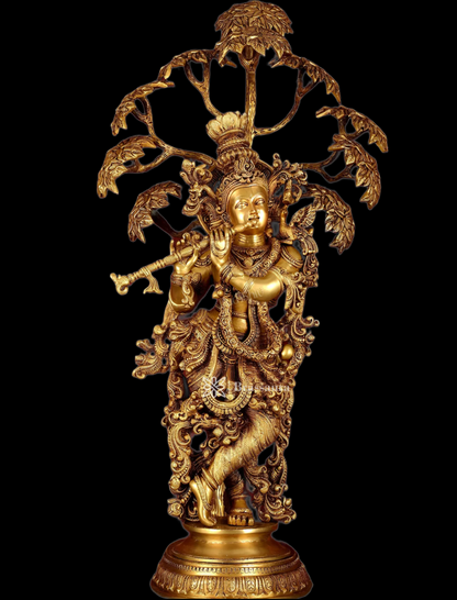Brassaura™ Superfine Brass Krishna under Tree Sculpture – Height 35 Inches & Weight 32 Kgs