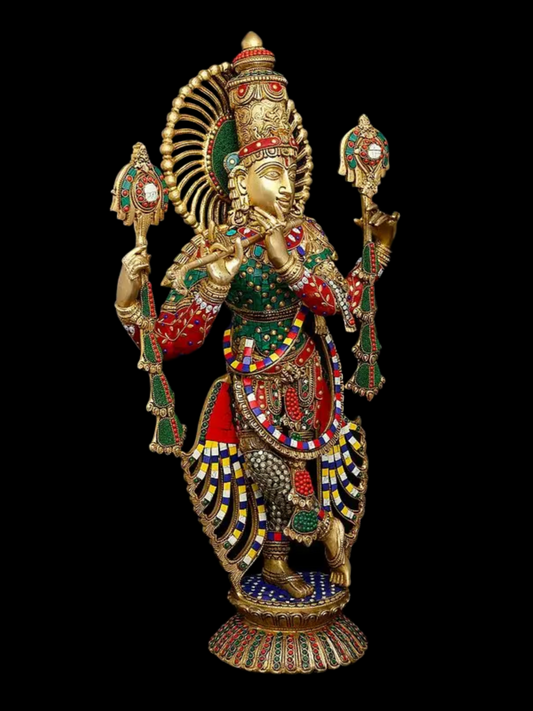 Brassaura® Brass Krishna Statue with Inlay Work | Height 71 cm & Weight 21.10 kg