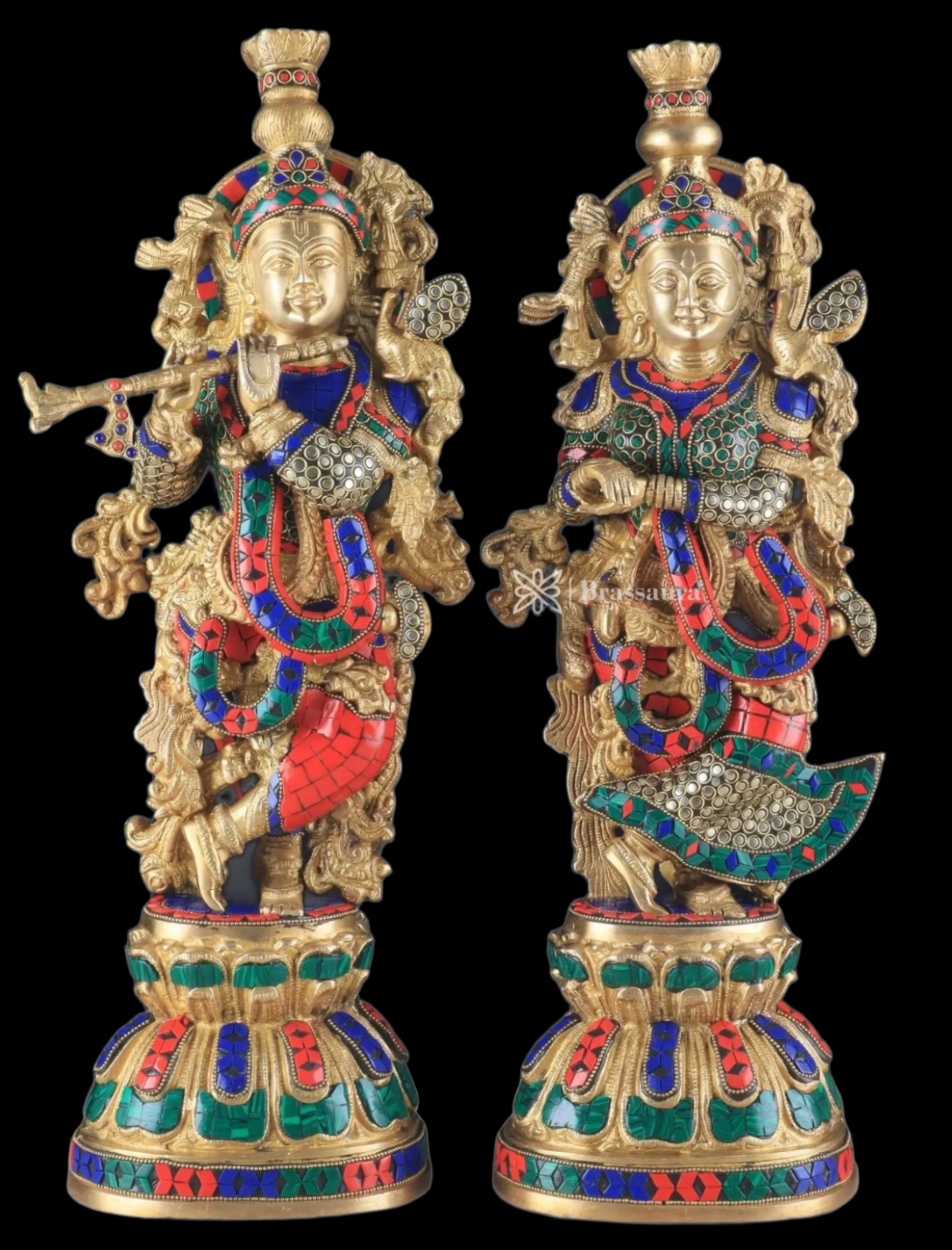 Brassaura™ Pure Brass Radha Krishna Statue with Rings & Natural Stones – Height 21 Inches & Weight 18 Kgs | Devotional Idol