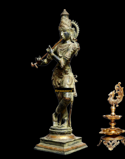 BrassAura™ Brass Krishna Statue – Green Algae Finish | Height 35 Inch | Weight 19 Kg