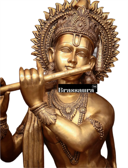 Brassaura™ Life-Size Lord Krishna Brass Statue – Height 79" | Weight 148 Kgs