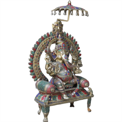 Handcrafted brass statue  Raja Ganapati, seated on a throne with umbrella 66 Inches