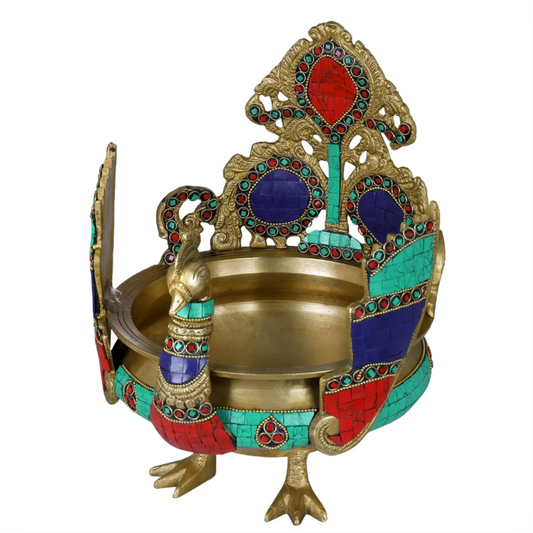 Brassaura® Peacock Brass Urli with Multicolor Inlay Work | Pure Brass | Height 10 Inches & Weight 5.20 kgs