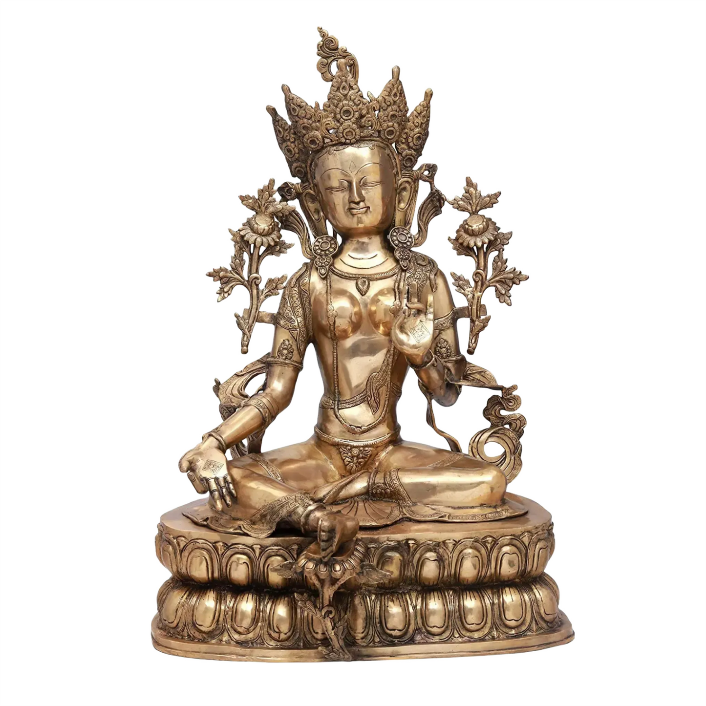 ब्रासौड़ा® आभूषण युक्त चौकी पर बैठी तारा देवी | एंटीक फ़िनिश के साथ शुद्ध पीतल | ऊंचाई 34.06 इंच और वज़न 38.34 किग्रा