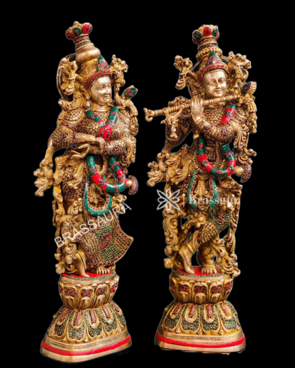 Brassaura™ Handcrafted Brass Radha Krishna Idol Pair with Double-Layered Meenakari – Height 29 & 28 Inches & Weight 33 Kgs | Elegant Devotional Statue